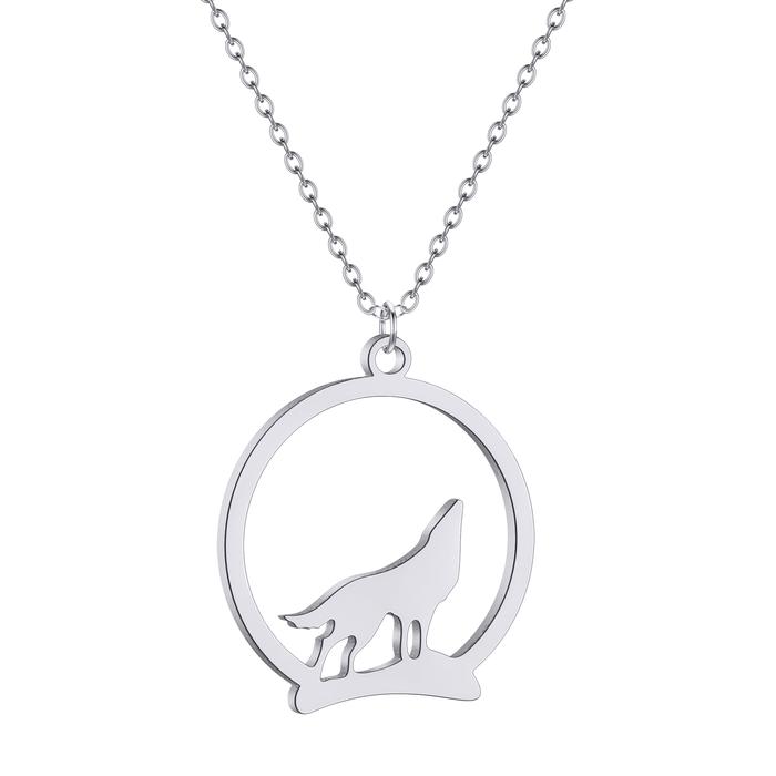 Kinitial Stainless Steel Laser Cut Wolf Charm Necklace Hallow Round Wolf Pendant Charm Choker Jewelr