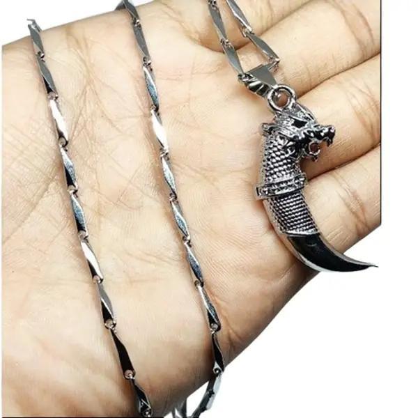kalung titanium pria model padi bandul taring naga Liontin Rantai