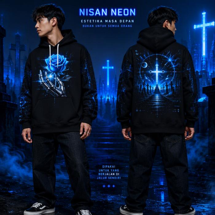 Hoodie Fleece Hitam 3D Print Nisan Neon Gaya Futuristik, Motif Mawar Biru dan Tangan Robot di Depan,