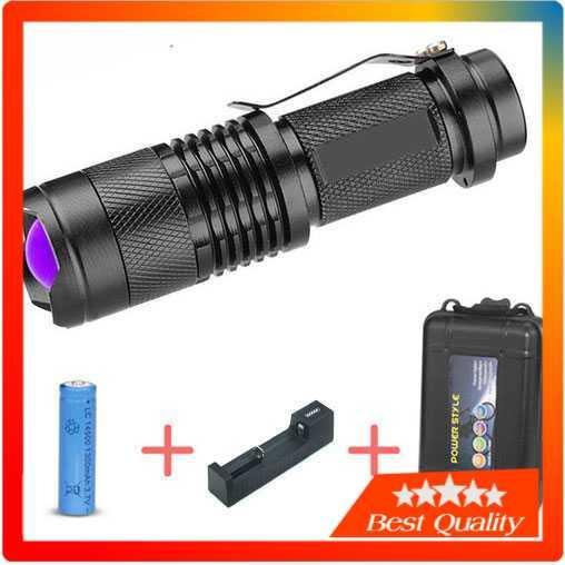 Lampu Senter UV Deteksi Uang Duit Palsu LED Super Terang 395nm UV + Baterai + Charger + Box