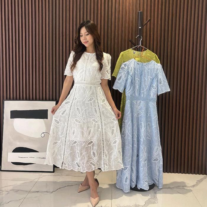 PREMIUM (READY) terjamin Cathlyn Brocade Midi Dress Biru muda / Putih / Tosca / Lilac Elegant Casual