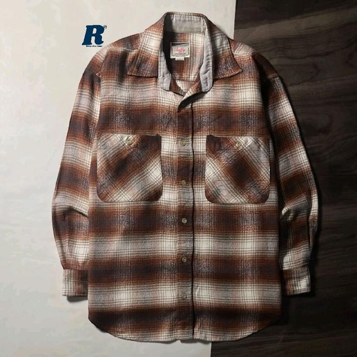 Kemeja Lengan Panjang Flannel Shirt Wool Veterano Brown Double Pocket BAFFY Size M fit XL Unisex