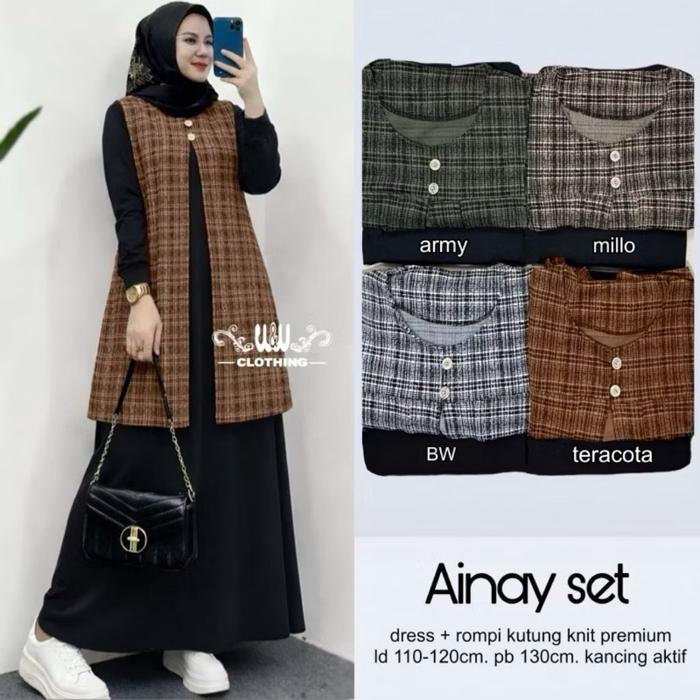 Ainay Set Dress Muslim Wanita Premium + Rompi Rajut Knit Kotak Elegan | Gamis Hijab Kekinian Terbaru