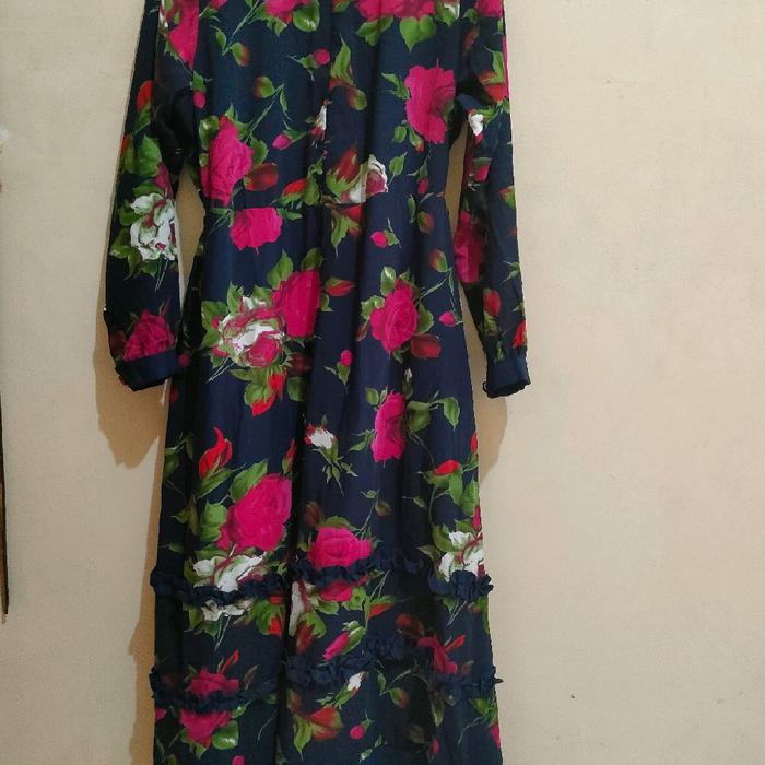 Gamis Ceruti Motif Bunga Navy