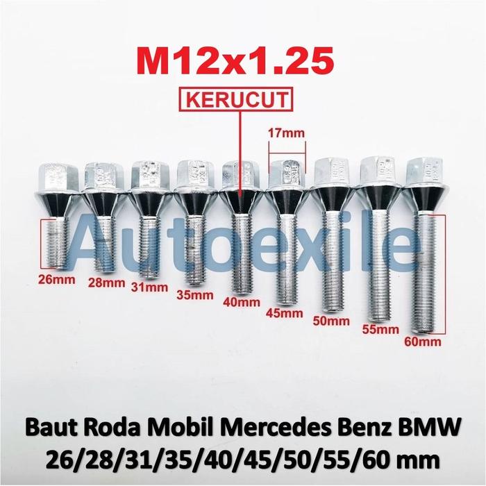 Baut Roda Mobil BMW M12 x 1.25 Kunci 17mm Silver Chrome Kerucut Wheel Hub Lug Bolt Ukuran Panjang Ul