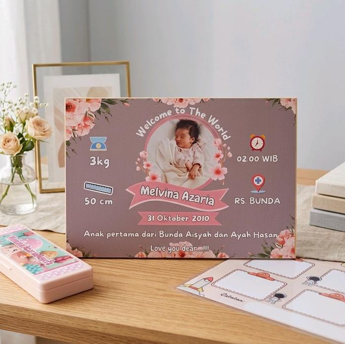 Biodata Bayi Lapis Mdf Kuat dan Bisa Digantung di Dinding Ukuran A4 dengan Desain Floral dan Informa