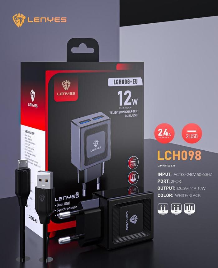 LENYES LCH098 12W 2.4A 2 usb adaptor dengan kabel charger original