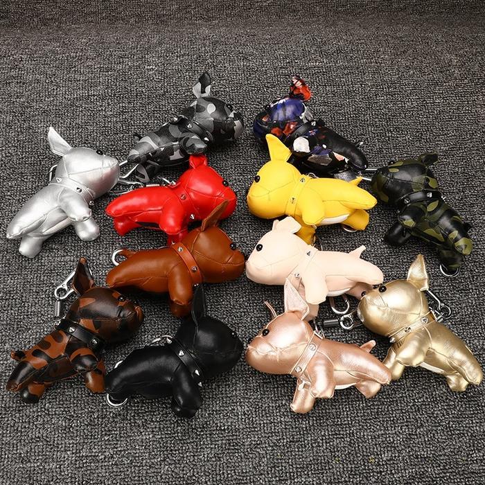 PU Leather Bulldog Keychain Cute Animal Dog Key Chain Charm Bag Car Key Ring Pendant Accessories Tr