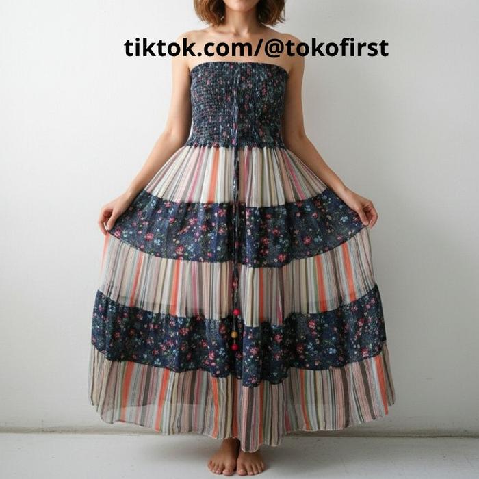 rok dress panjang bunga warna warni maxi 2 in 1 rajut kombinasi sifon