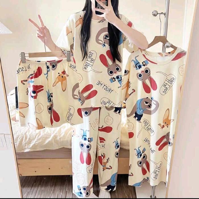 Setelan Celana Panjang Hot Pants Dewasa Cozy Baju Tidur Piyama Daster Wanita Import Premium 4 in 1 -
