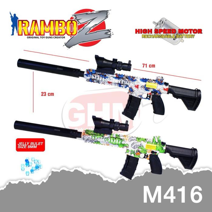 Mainan Pistol Tembakan RamboZ M16/M249/P90/QBZ95/M416/Uzi Electric Blaster Gel JUMBO Aman Peluru Gun