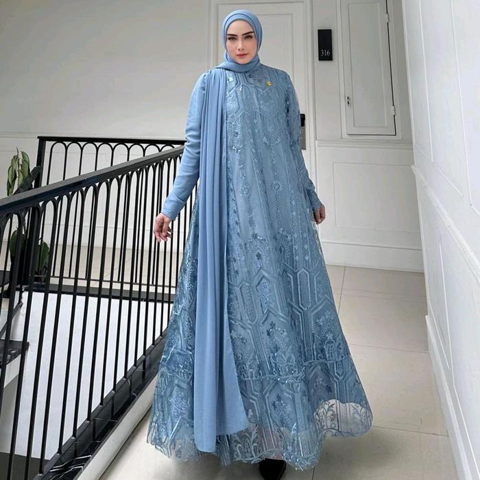 Tasya Set 2in1 by Ninona Original - Gamis dengan Bahan full tille lapis bon silk & Hijab Ceruty