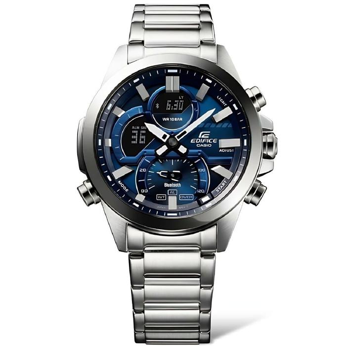 Casio Jam Tangan Pria Edifice ECB-30d Stainless Silver Blue Dual Time