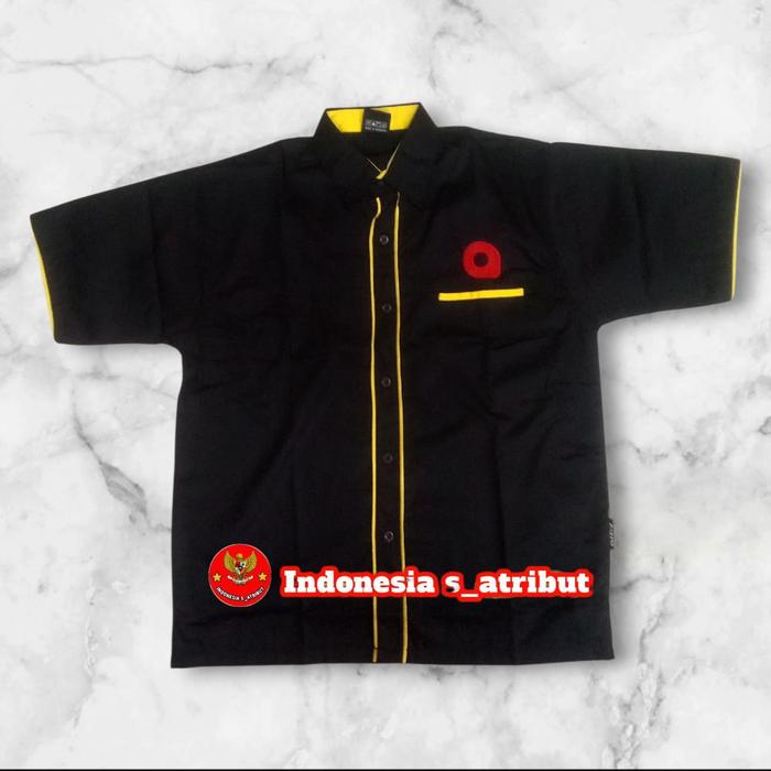 kemeja maxim/ baju maxim/ seragam kerja maxim lengan pendek warna hitam kombinasi list kuning full b