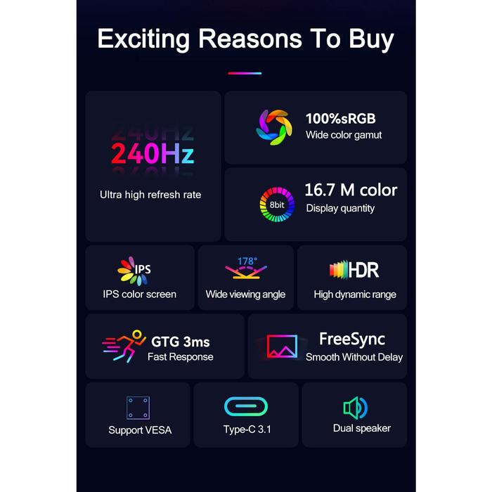 17.3 Inch 240Hz Portable Monitor 1080P HDR 100%SRGB IPS Screen GTG