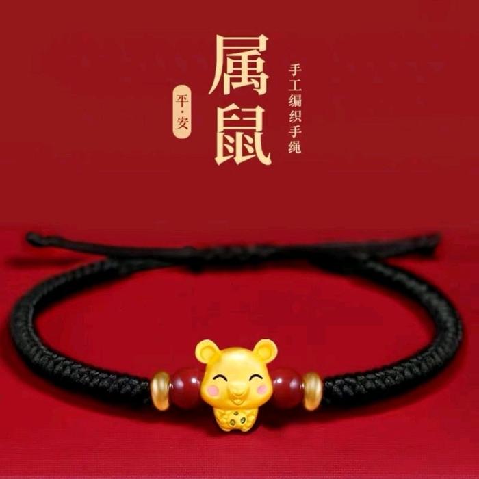 Gelang anyaman tali hitam motif 12 shio lapis emas Bracelets