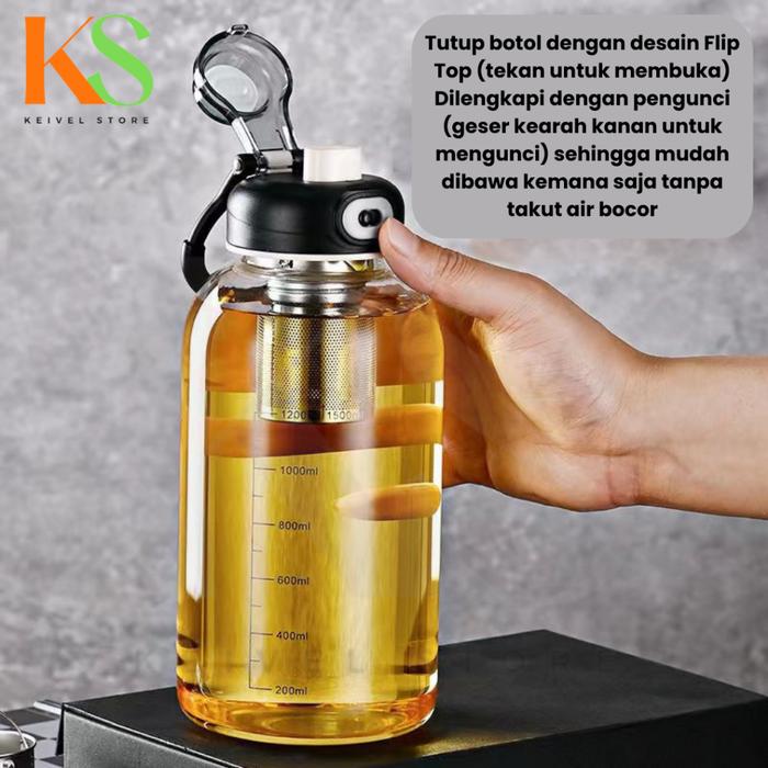 Botol Minum Kaca Sporty Asli Higienis Premium  Fliptop Kait Saringan Stainless Pelindung Pounch 800m