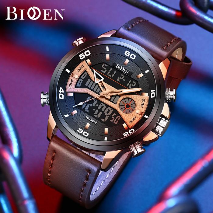 READY BIDEN Jam Tangan Pria 1934 Olahraga Analog&Digital Anti Air Tali Kulit Jam Tangan Cowok Bercah