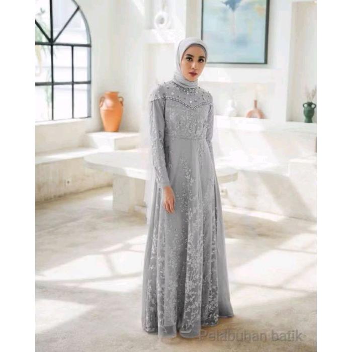 Ready Gamis Namira Brokat pengantin Abu muda