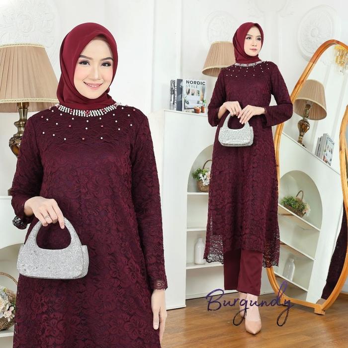 SET ASTERIA (3warna) Atasan Tunik dan Celana L XL XXL 3XL Setelan Wanita Pesta Brokat Kondangan by S