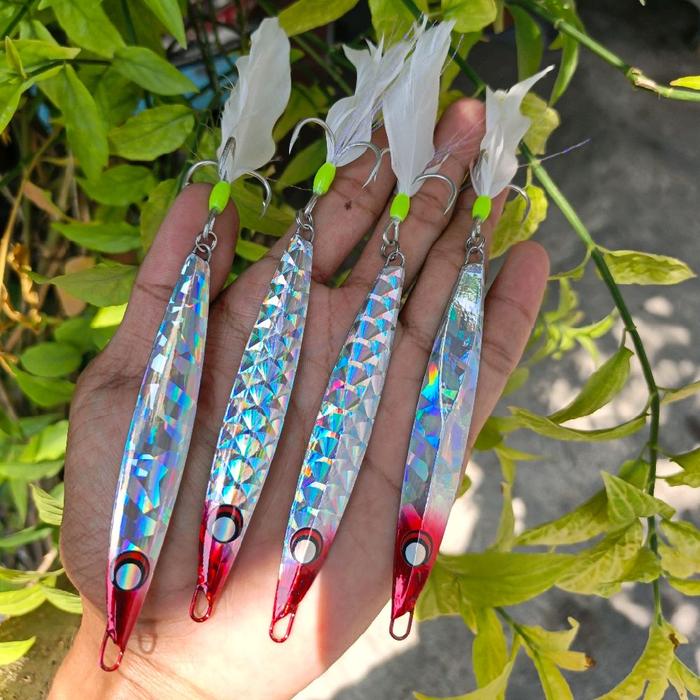 Metal Jig 40gram Peso Set Tribelhook GID Bulu Spesialis ikan predator Tenggiri Barracuda Mahi mahi d