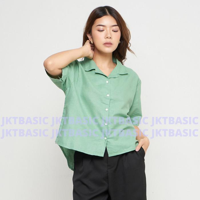 Promo Kemeja Wanita Linen Lengan Pendek Hijau Sage Green Open Collar Shirt COD