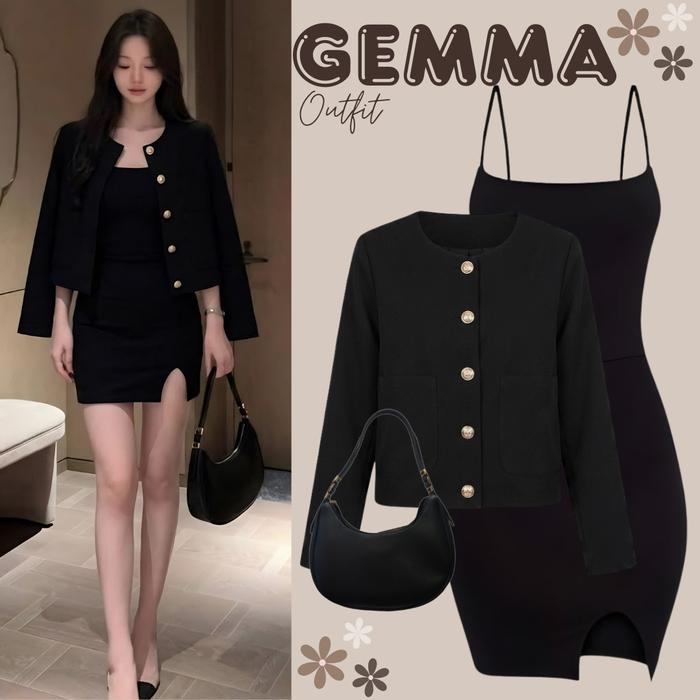ONESET Best Seller Wanita 3IN1 Black Elegant | Dress + Blazer + Tas | Setelan Premium Dinner/Night D