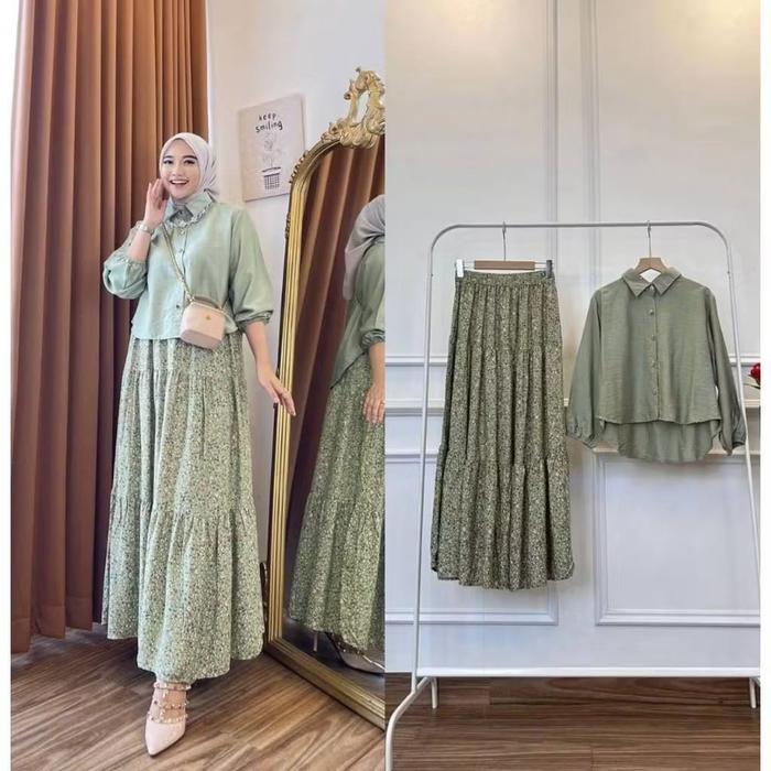 One Set Rok Rayon Atasan Crinkle Setelan Wanita Rayon Mix Crinkle Busui