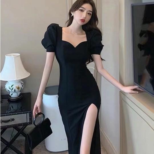 2022 baru dress panjang ceruk Prancis gaun celah seksi gaun hitam
