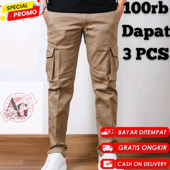 [PROMO HEMAT 100 RIBUAN DAPAT 3 PCS BISA COD] Celana Cargo Kargo Panjang Pria Cowok Dewasa Katun Twi