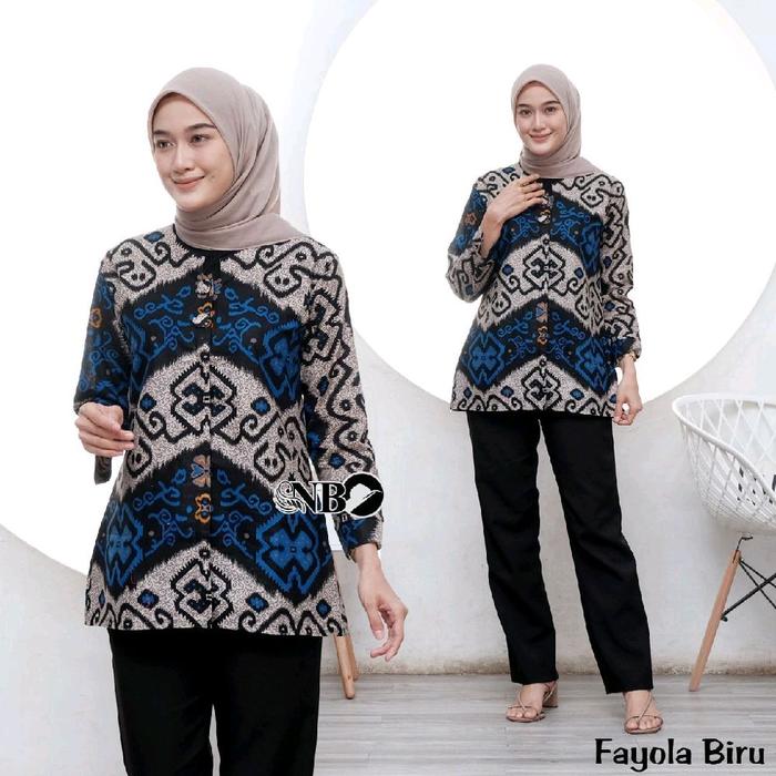 Atasan Baju Blues Batik Wanita Dewasa Model Terbaru Lengan Panjang Minimalis dari Bahan Katun premiu