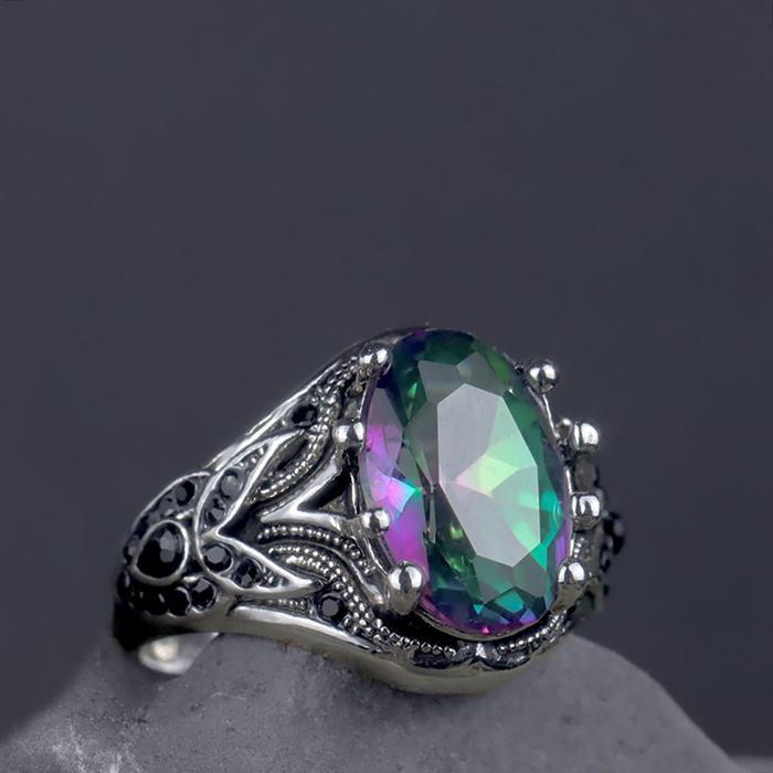 Cincin Pria Kristal Buatan Berwarna Oval Berwarna Oval yang Dipersonalisasi, Batu Berwarna Bentuk Te