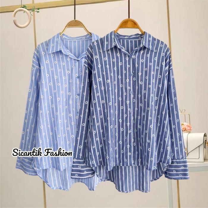 KEMEJA WANTA SALUR MOTIF BUNGA / ATASAN STRIP CEWEK KOREAN / OVERSIZE JUMBO SHIRT