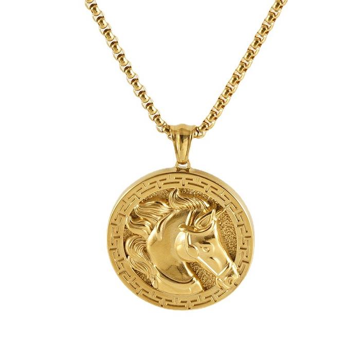 3D horse head pendant "horse" gold circular stainless steel hip-hop men's necklace