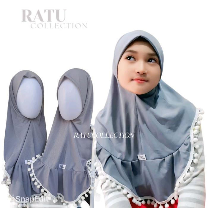 hijab anak pompom / hijab bergo instan anak SD / bergo anak SD warna abu denim