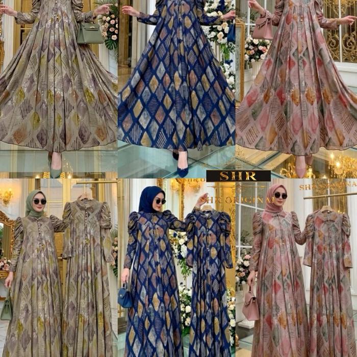 SHR Maxi Dress Jumbo Anyar Aduhay Satin Sutra Printing Muslim Wanita Gamis Panjang Mutiara Midi Resl