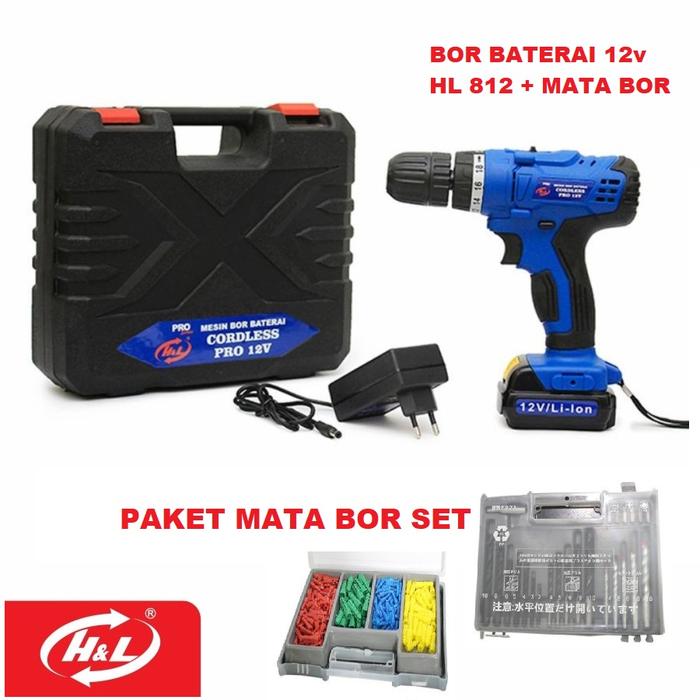 Paket Mesin Bor Baterai Cordless Drill H&L HL812 + Mata Bor Set