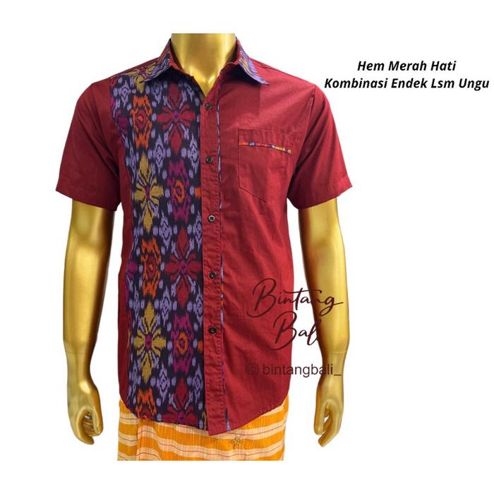 Kemeja Endek Pria Kombinasi Katun Merah Lengan Pendek Dewasa - Anak-Anak Bintang Bali Busana Adat Te