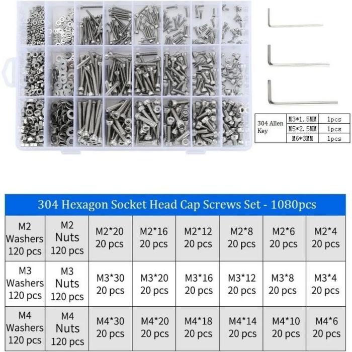 1080Pcs Kunci Drat Baut Mur M2/M3/M4 304 Stainless Steel Baut Soket Mur Dan Baut Set Baut Hex Fasten
