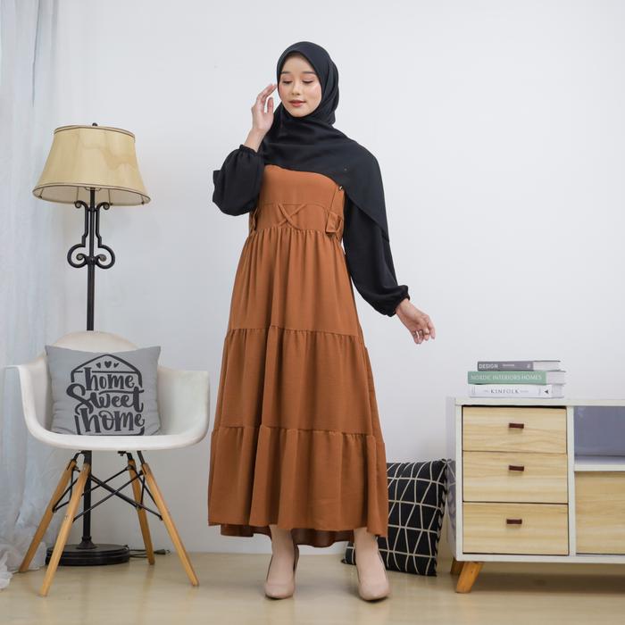 ANNASYA - Dress wanita crinkle premium terbaru airflow polos  hitam coklat panjang mini dress kekini