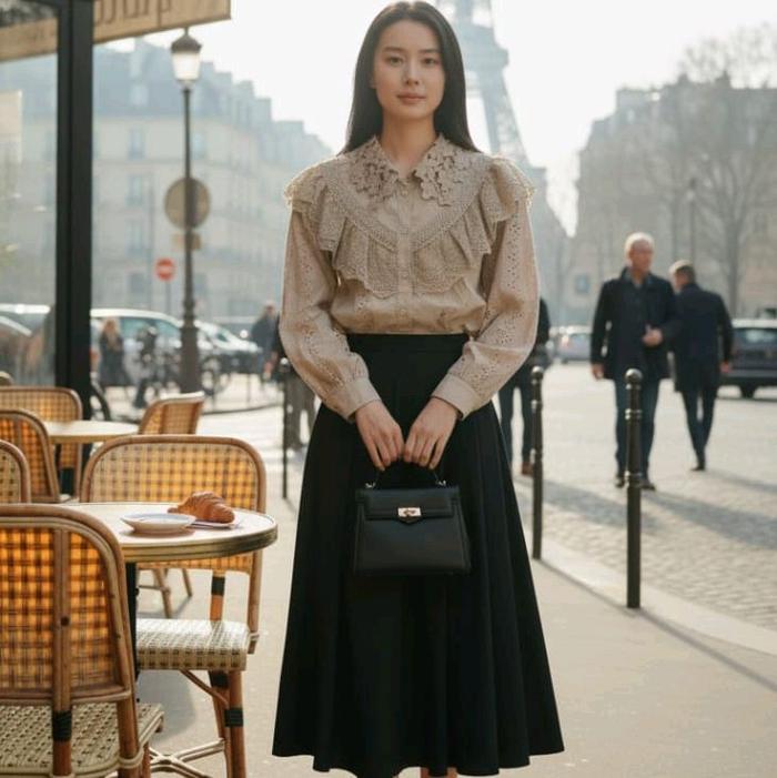 Blus Korea Brokat All Size Warna Coklat