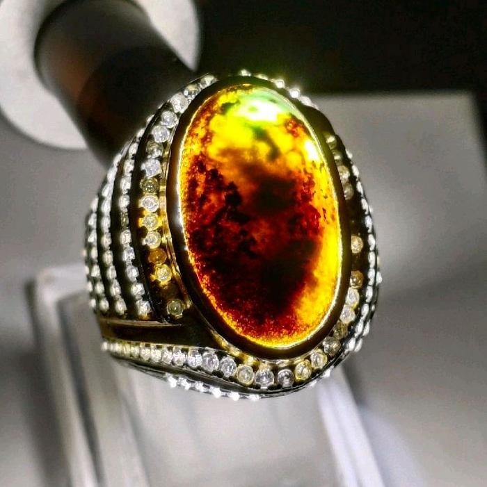 Cincin Batu bacan coklat merah berbentuk oval menggunakan ring kuningan sari crome perak