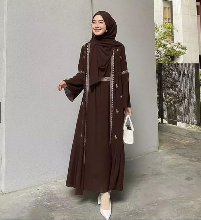 baju gamis wanita Arabian Look Coklat mahogani Motif Bordir Timbul Ukuran Jumbo LD 120 Safwa abaya b