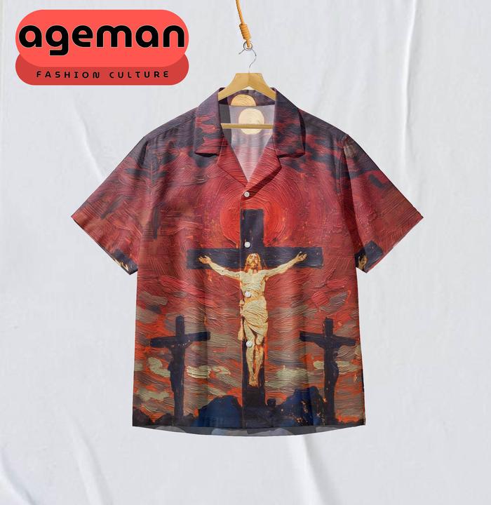 AGEMAN Kemeja Hawaii Fullprint Motif Salib Salib Yesus Oil Painting Merah
