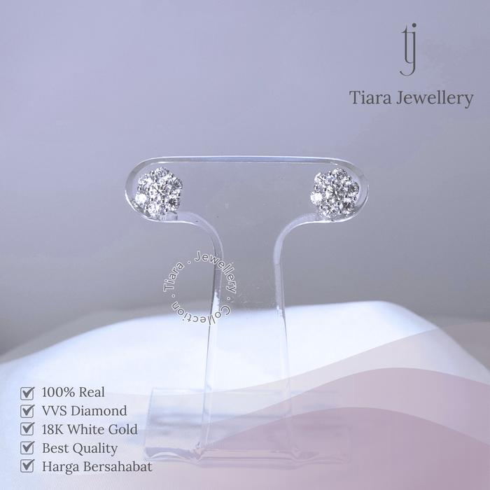 Tiara Jewellery - Simple Luxury VVS Diamond Earrings Cluster 18K Real White Gold [EF59] / Anting Bul