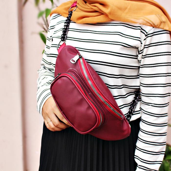 Waistbag/Tas Pinggang Parasut Tas Selempang Dada Res 2 Kantong Depan Waistbag Wanita