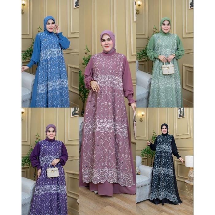 Gamis Set Pesta Elegan Premium Mona Syari Model Shofia dengan Scarf
