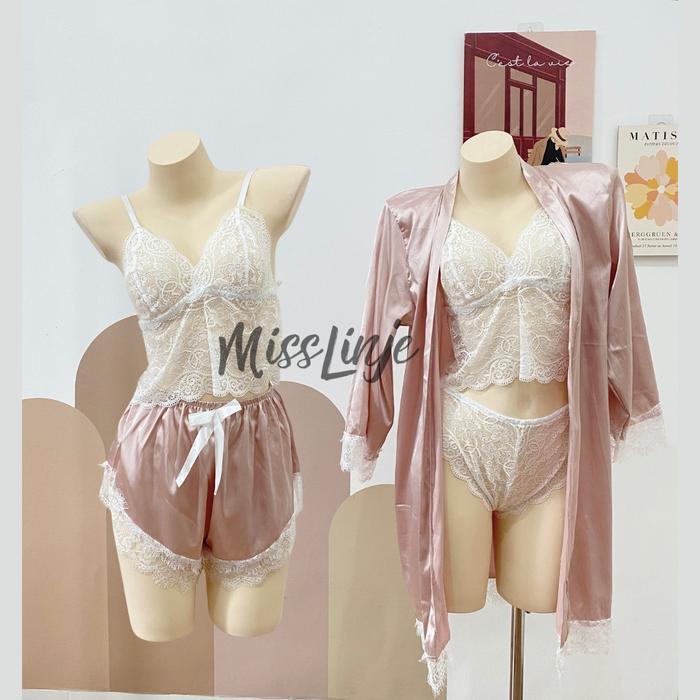 Miss Linje Setelan Baju Tidur Kimono Satin Dalaman Lette & Hotpants Renda 4In1 Muat Sampai B Size Ju