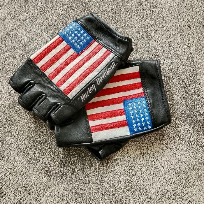 Harley-Davidson Sarung Tangan Kulit Motor Half Finger Motif Amerika 301 dengan Desain Bendera Amerik
