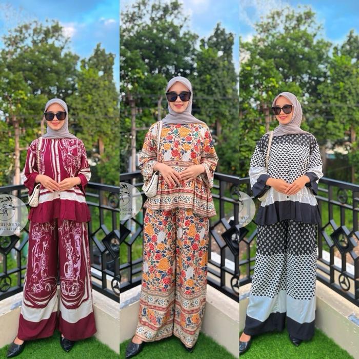 Lelang Rafella Set Semi Crop Rayon Motif Baju Celana Muslim Nyaman Mewah Setelan Gamis Katun Ld 110c